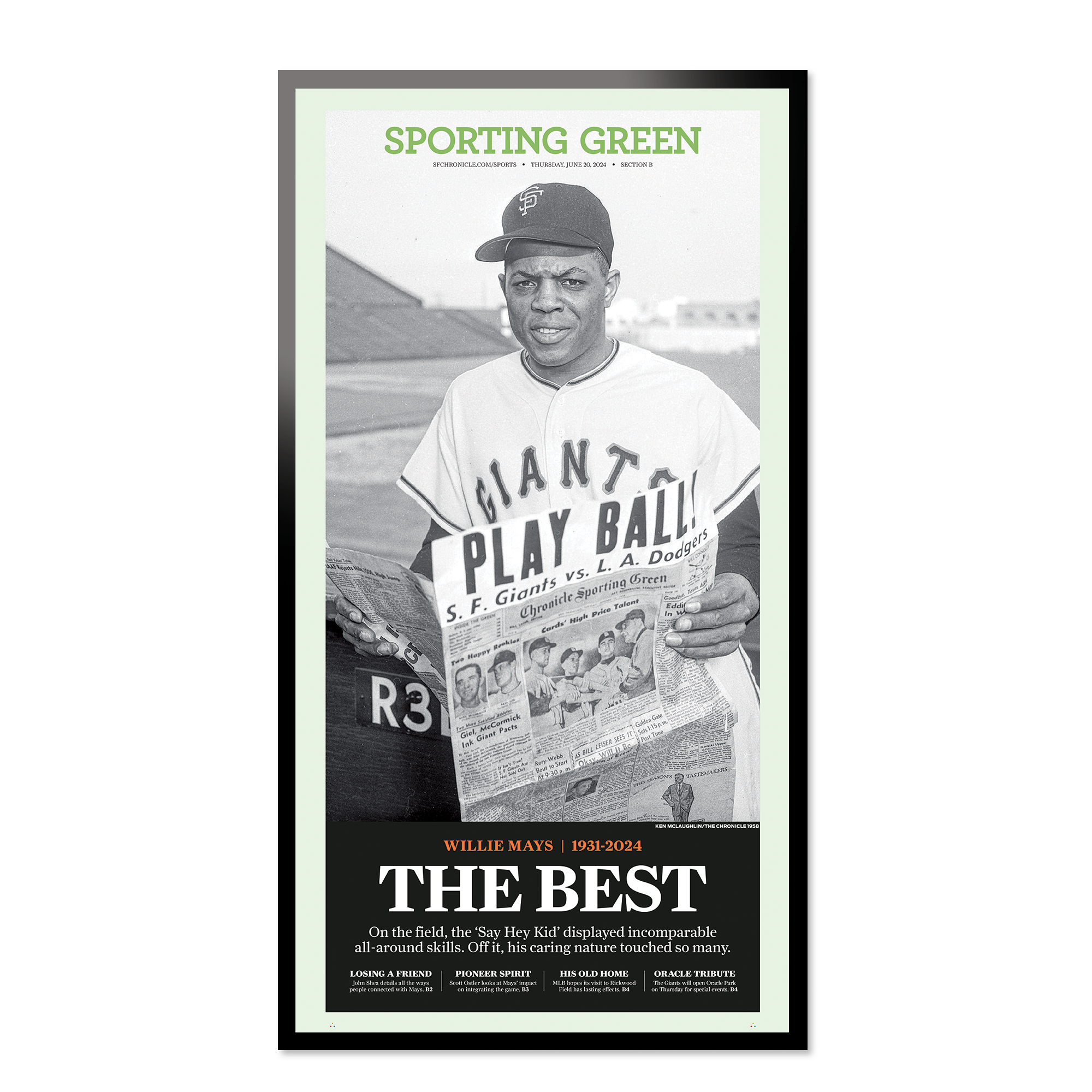 SF Giants Willie Mays Commemorative Sporting Green Back Issue 06/20/24 Cover Display